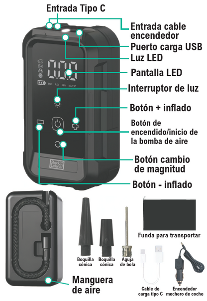 Inflador Digital Portátil 2 en 1